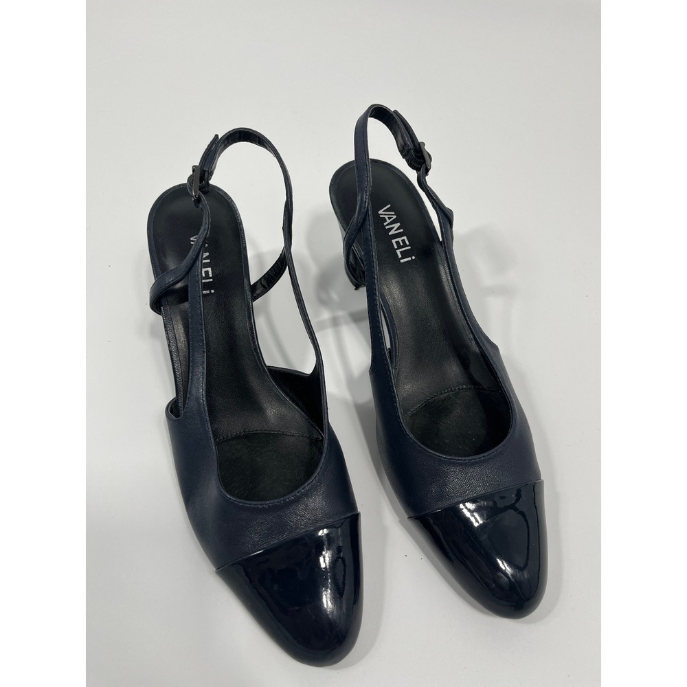 Women Faux Leather Slingback Heels 8.5 Blue Round Toe Chic Minimalist Capsule - Picture 9 of 10